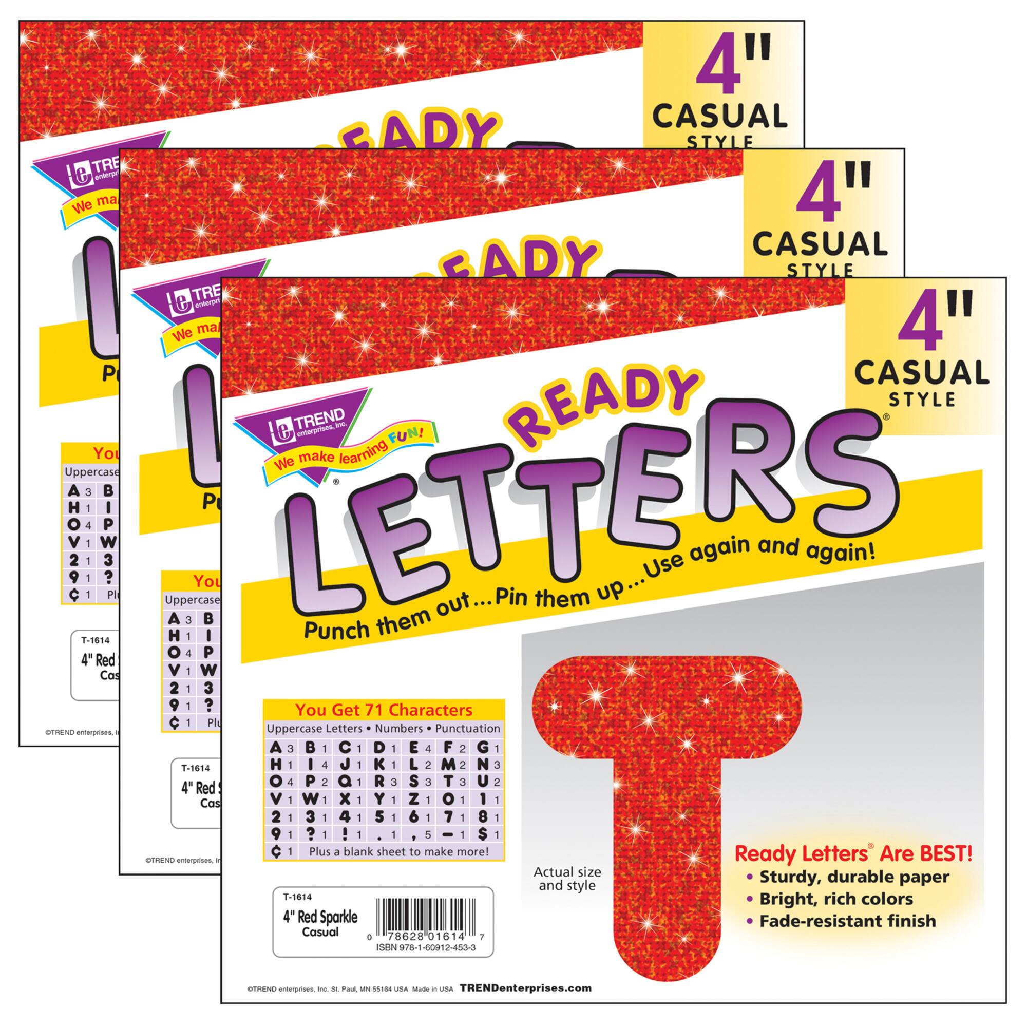 TREND Enterprises® Red Sparkle 4" Casual Uppercase Ready Letters®, 3 Packs